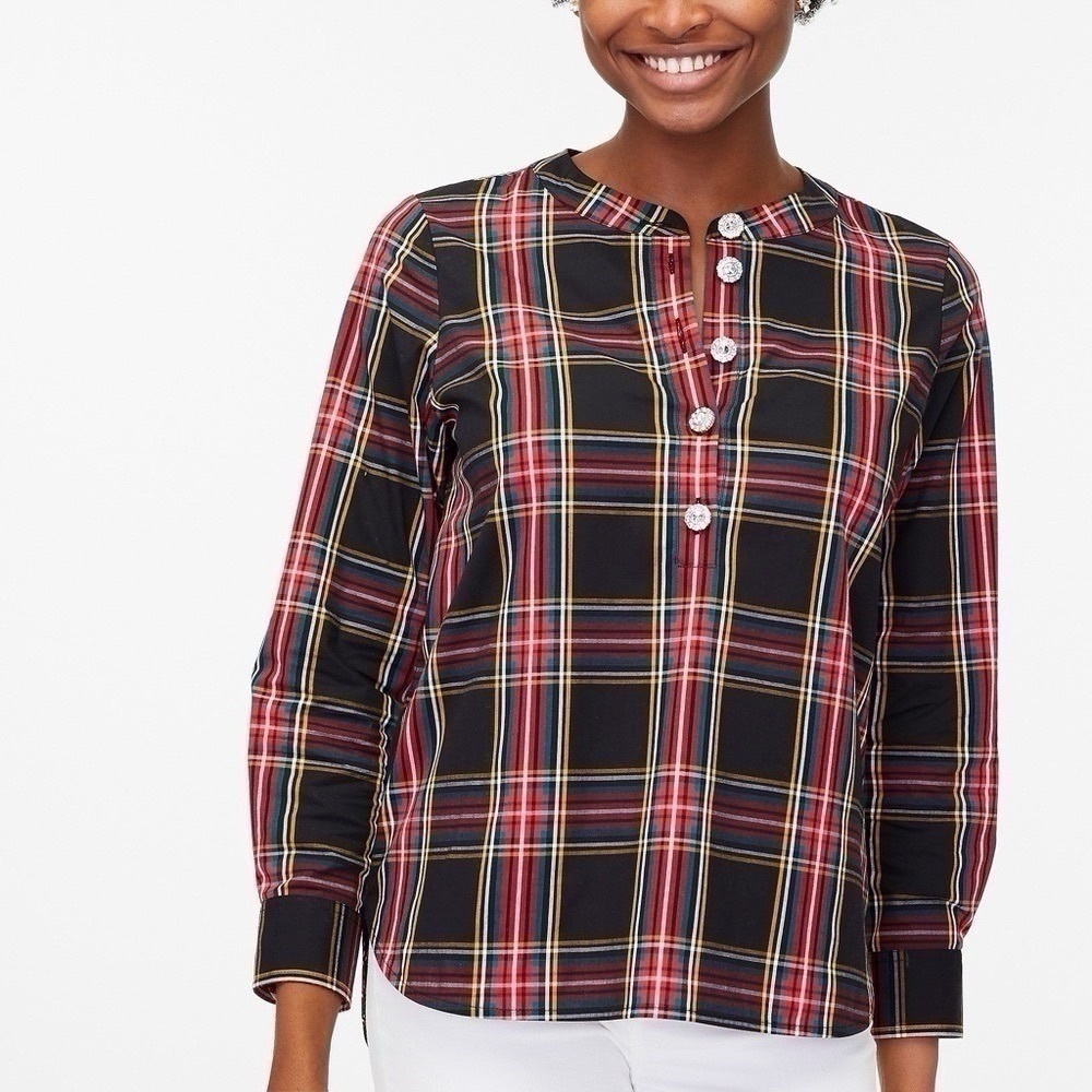 J.Crew Factory Tartan Cotton Poplin Jewel Buttons Shirt Top XXS